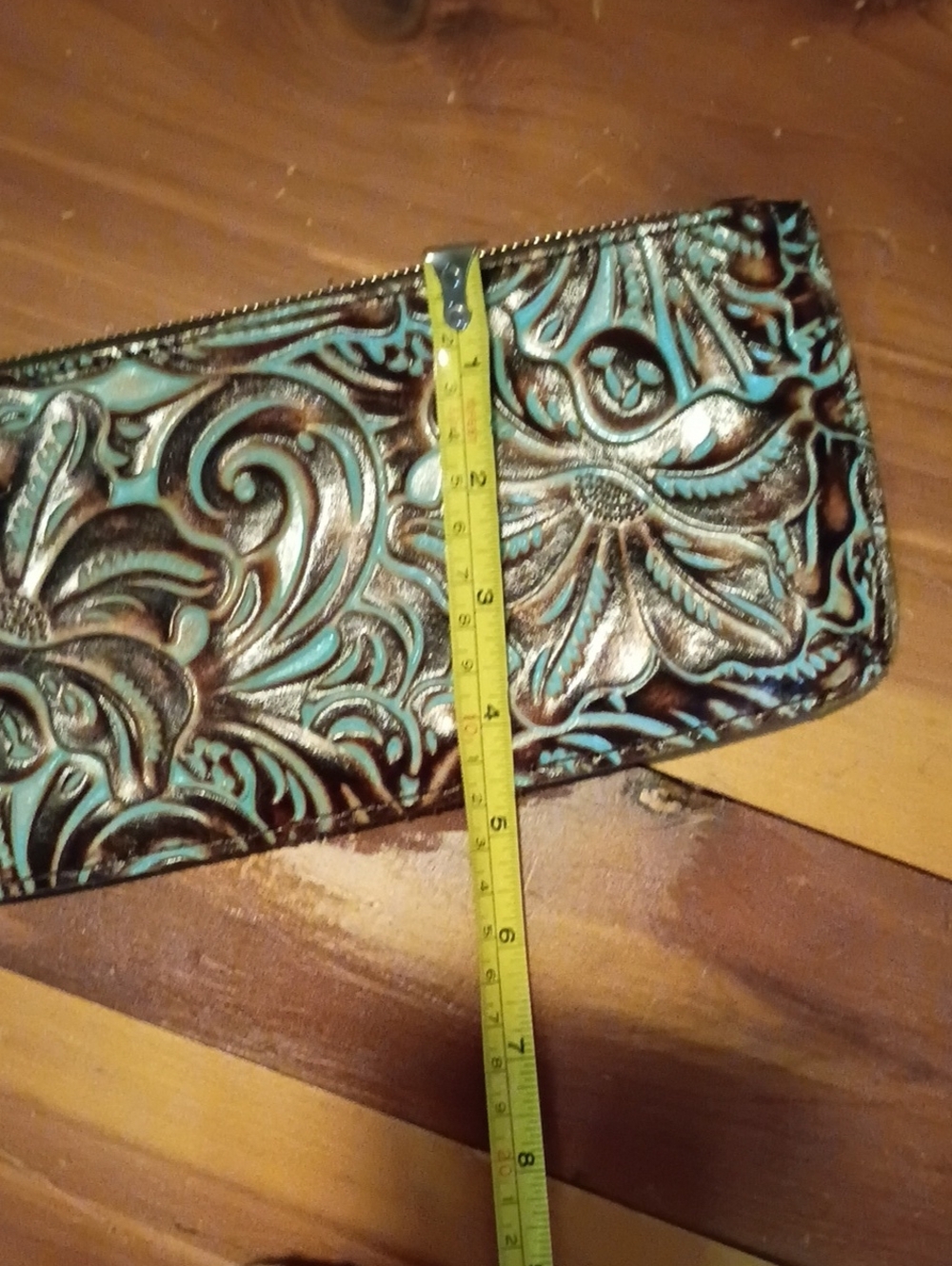 EUC Patricia Nash Turquoise & Brown Tooled Bag with Tassel & Matching wallet - Picture 10 of 12